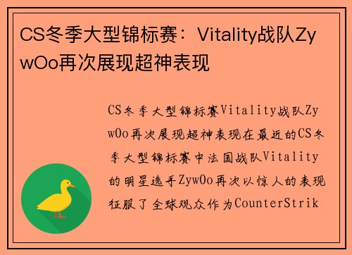 CS冬季大型锦标赛：Vitality战队ZywOo再次展现超神表现